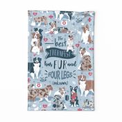 Tea Towel scale // The best therapist has fur and four legs quote // pastel blue background red details with Australian Shepherds / Aussies dogs