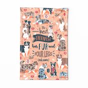 Tea Towel scale // The best therapist has fur and four legs quote // flesh background red details with Australian Shepherds / Aussies dogs