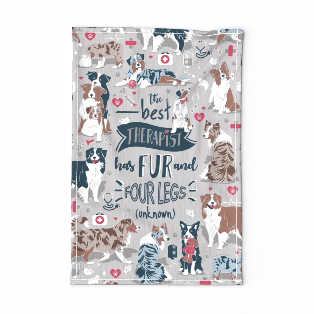 Tea Towel scale // The best therapist has fur and four legs quote // grey background red details with Australian Shepherds / Aussies dogs