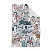 Tea Towel scale // The best therapist has fur and four legs quote // grey background red details with Australian Shepherds / Aussies dogs