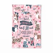Tea Towel scale // The best therapist has fur and four legs quote // pastel pink background red details with Australian Shepherds / Aussies dogs