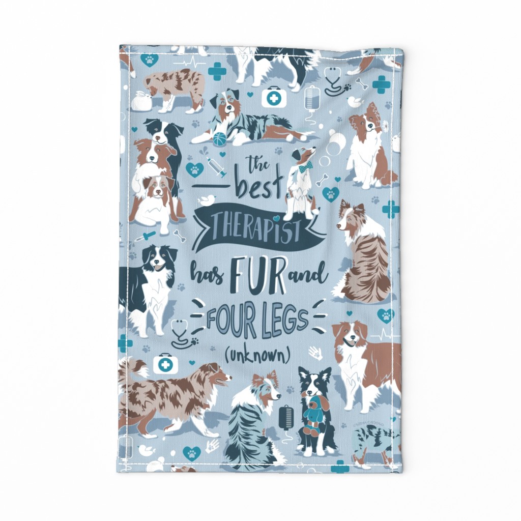 Tea Towel scale // The best therapist has fur and four legs quote // pastel blue background teal details with Australian Shepherds / Aussies dogs