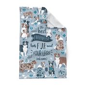 Tea Towel scale // The best therapist has fur and four legs quote // pastel blue background teal details with Australian Shepherds / Aussies dogs