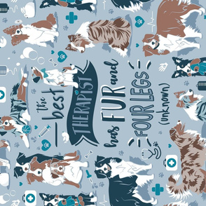 Tea Towel scale // The best therapist has fur and four legs quote // pastel blue background teal details with Australian Shepherds / Aussies dogs