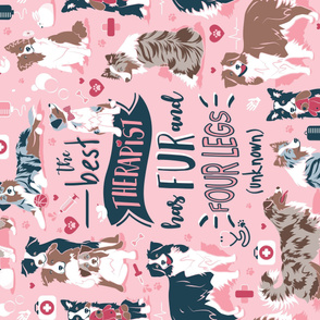 Blanket scale // The best therapist has fur and four legs quote // pastel pink background red details with Australian Shepherds / Aussies dogs