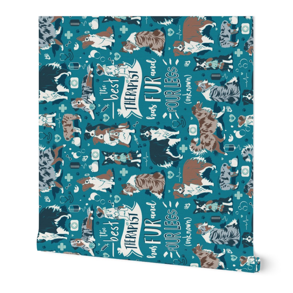 Blanket scale // The best therapist has fur and four legs quote // turquoise background aqua details with Australian Shepherds / Aussies dogs