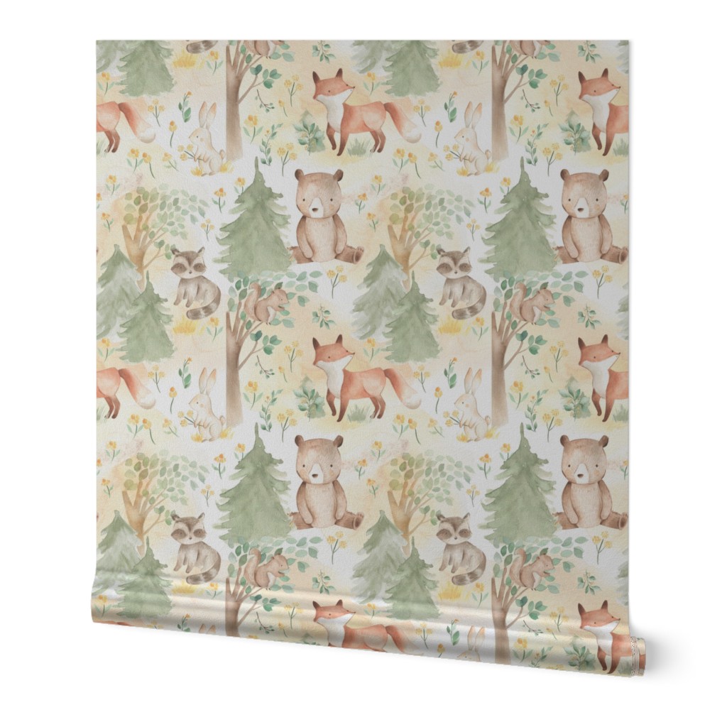 8" Woodland Animals - Baby Animals in Forest light background Nursery Fabric, Baby Girl Fabric
