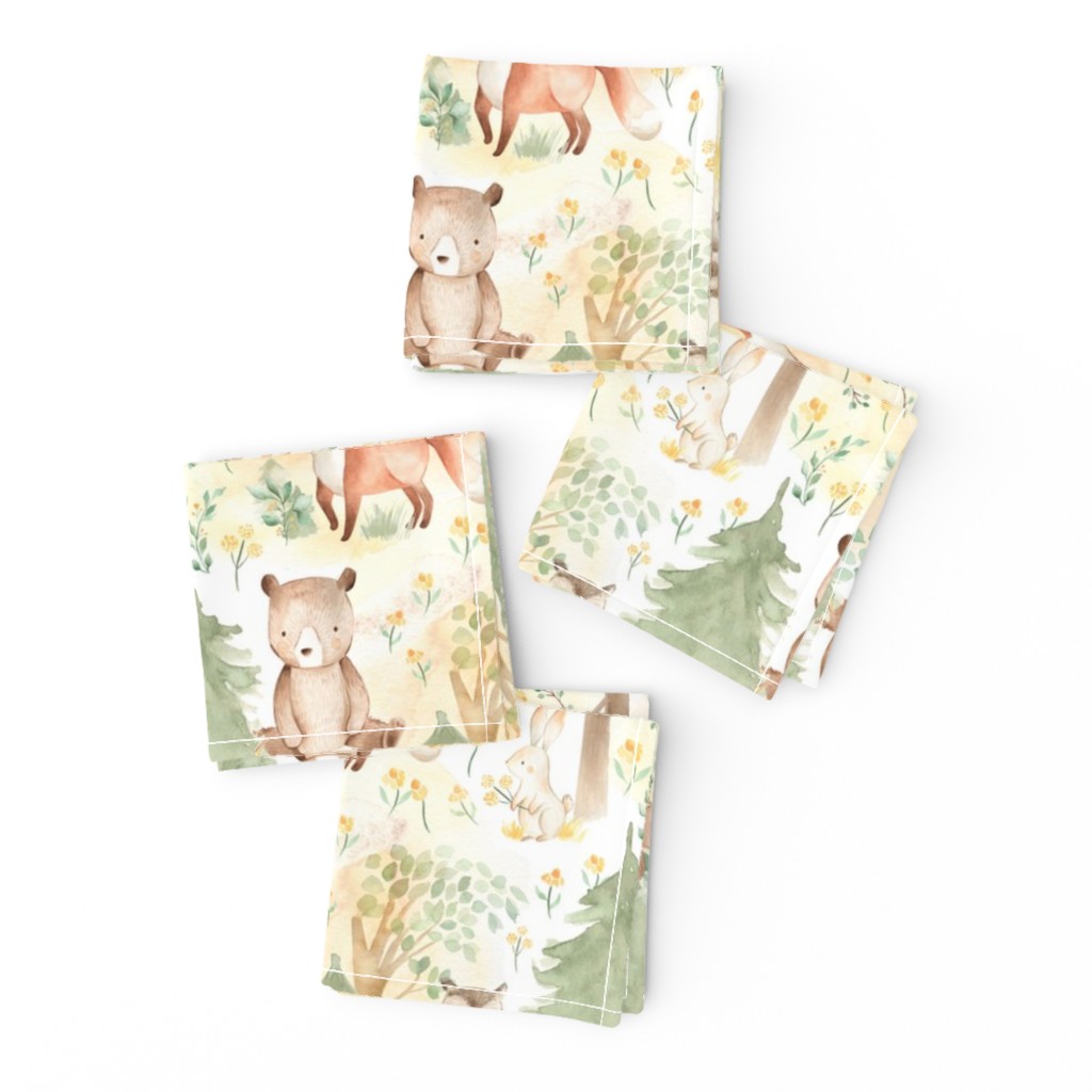 8" Woodland Animals - Baby Animals in Forest light background Nursery Fabric, Baby Girl Fabric