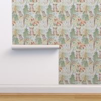 8" Woodland Animals - Baby Animals in Forest light background Nursery Fabric, Baby Girl Fabric