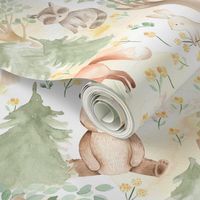 8" Woodland Animals - Baby Animals in Forest light background Nursery Fabric, Baby Girl Fabric