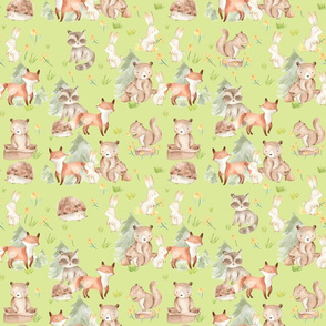 18" Woodland Animals - Baby Animals in Forest,woodland nursery fabric,animal nursery fabric,baby animals fabric green 