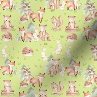 10" Woodland Animals - Baby Animals in Forest,woodland nursery fabric,animal nursery fabric,baby animals fabric green 