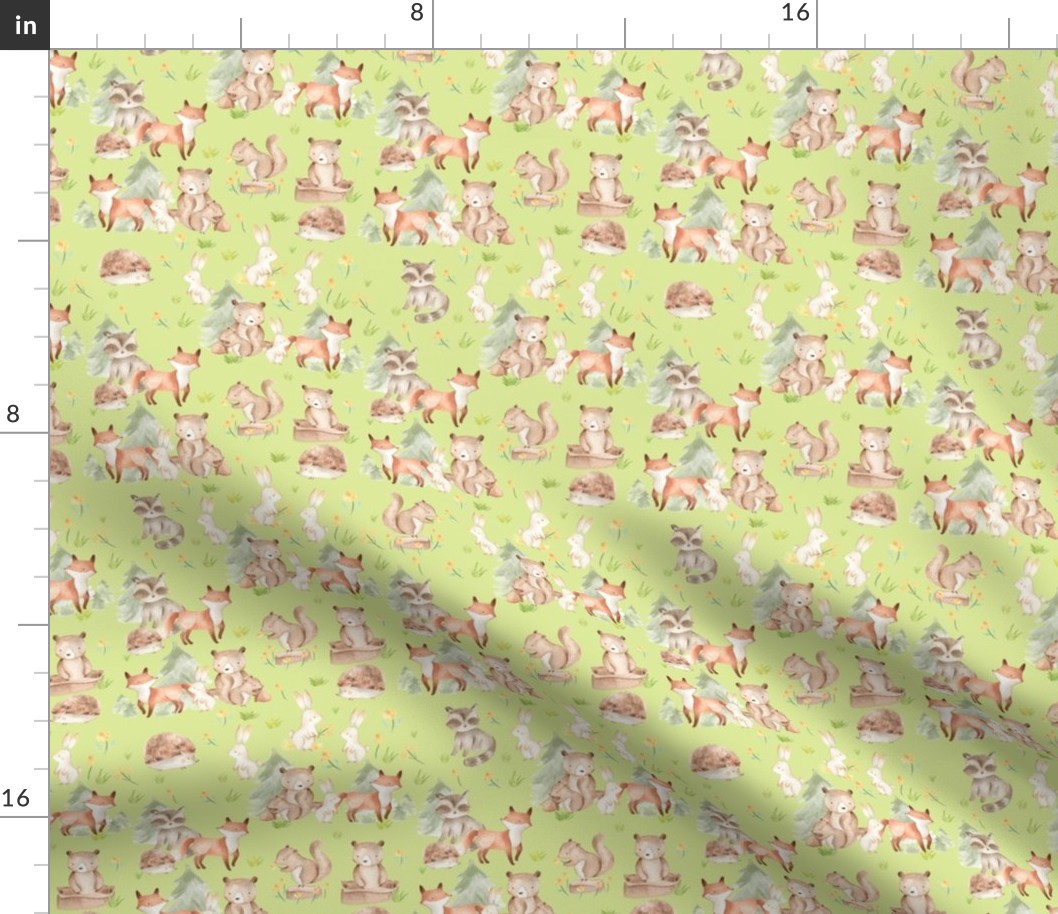 10" Woodland Animals - Baby Animals in Forest,woodland nursery fabric,animal nursery fabric,baby animals fabric green 