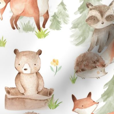 33" Woodland Animals - Baby Animals in Forest,woodland nursery fabric,animal nursery fabric,baby animals fabric white