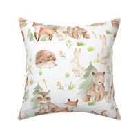 33" Woodland Animals - Baby Animals in Forest,woodland nursery fabric,animal nursery fabric,baby animals fabric white