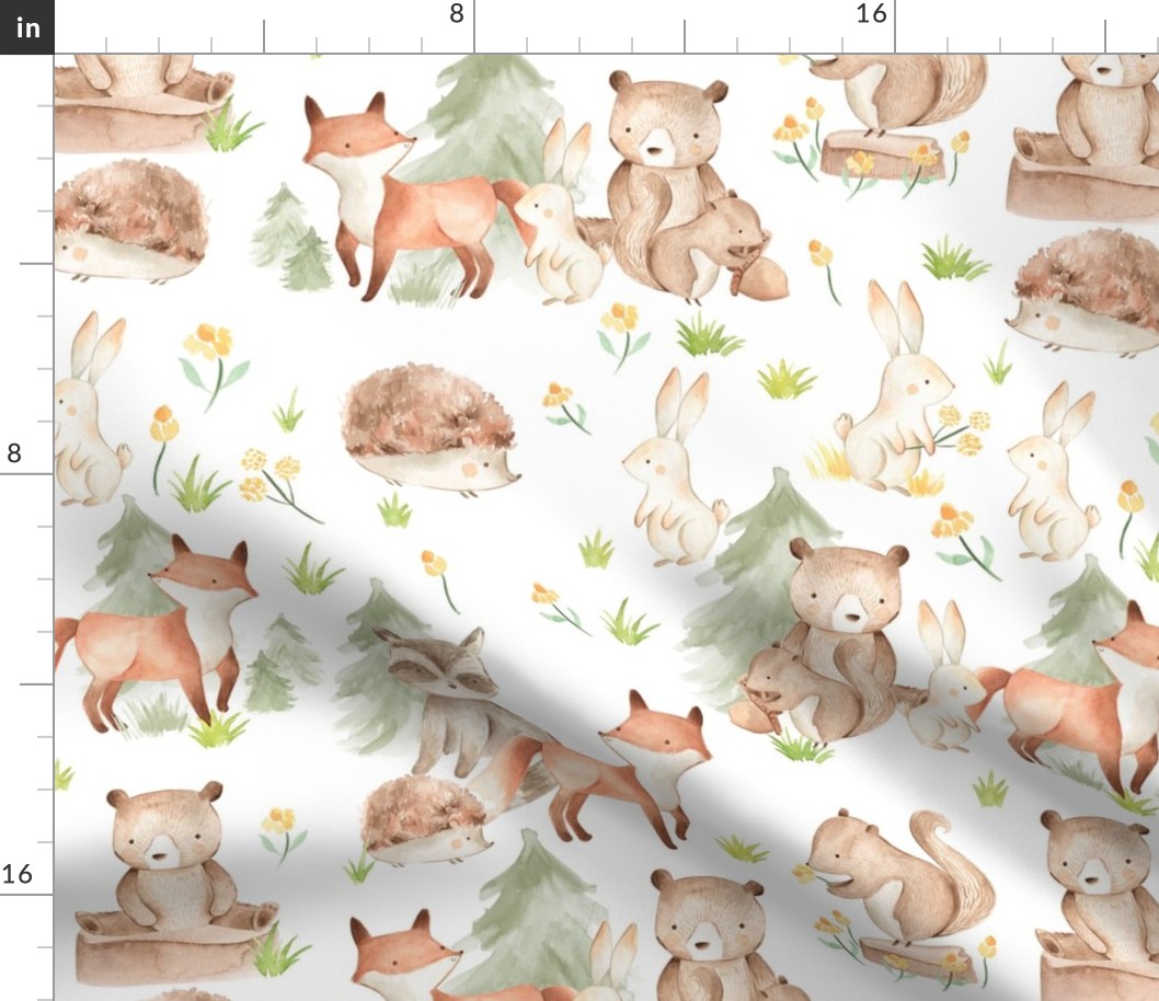 33" Woodland Animals - Baby Animals in Forest,woodland nursery fabric,animal nursery fabric,baby animals fabric white