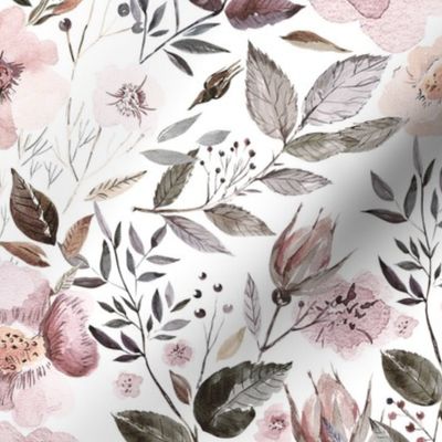 10" UtART - Autumnal Watercolor Flowers on white, Nursery Botany Fabric, blush light piNostalgic Baby Girl Fabric