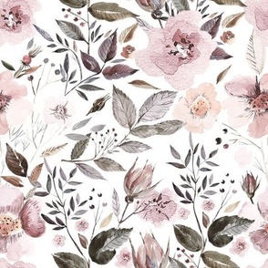 10" UtART - Autumnal Watercolor Flowers on white, Nursery Fabric, Baby Girl Fabric