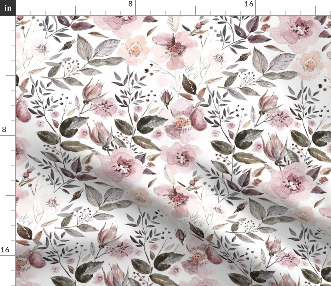 10" UtART - Autumnal Watercolor Flowers on white, Nursery Botany Fabric, blush light piNostalgic Baby Girl Fabric