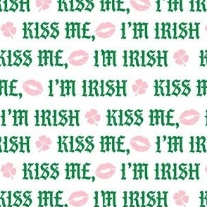 kiss me irish fabric - st patricks day fabric, spring fabric, irish fabric, st pattys fabric, green fabric, clover fabric - pink and white