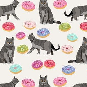 british shorthair cat donuts fabric - cat donuts, cat fabric, cat food fabric, donuts fabric - off white