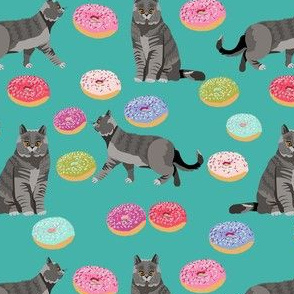 british shorthair cat donuts fabric - cat donuts, cat fabric, cat food fabric, donuts fabric - teal