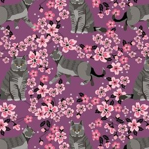 british shorthair cat fabric - cherry blossom, cat floral fabric, cat florals, cat design -purple