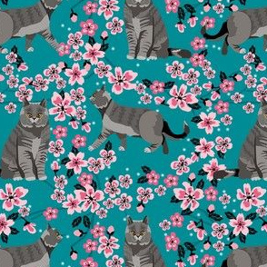 british shorthair cat fabric - cherry blossom, cat floral fabric, cat florals, cat design - blue