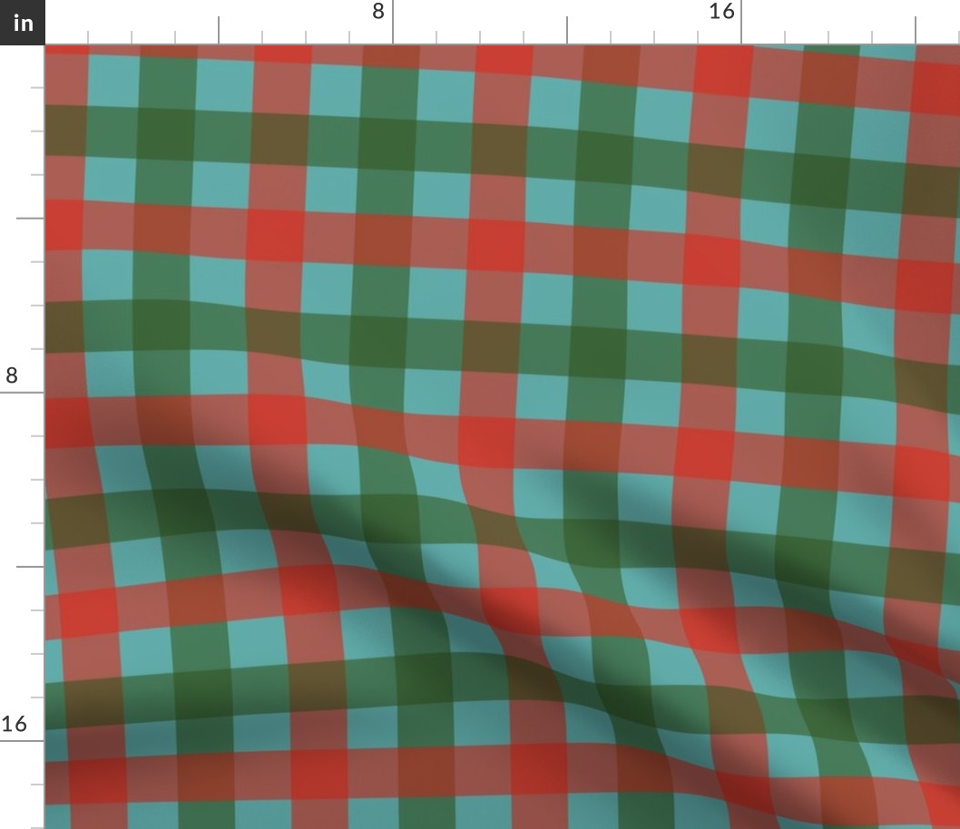 Gingham - Retro Christmas Green and Red on Blue