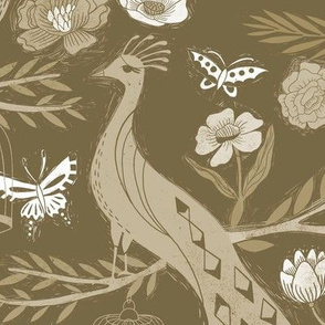 LARGE peacock lemon tree fabric - peacock wallpaper, chinoiserie style wallpaper, linocut print, peacock floral -  olive