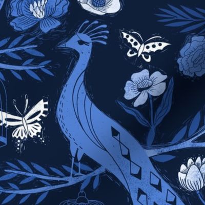 LARGE - peacock lemon tree fabric - peacock wallpaper, chinoiserie style wallpaper, linocut print, peacock floral - indigo