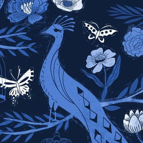 LARGE - peacock lemon tree fabric - peacock wallpaper, chinoiserie style wallpaper, linocut print, peacock floral - indigo