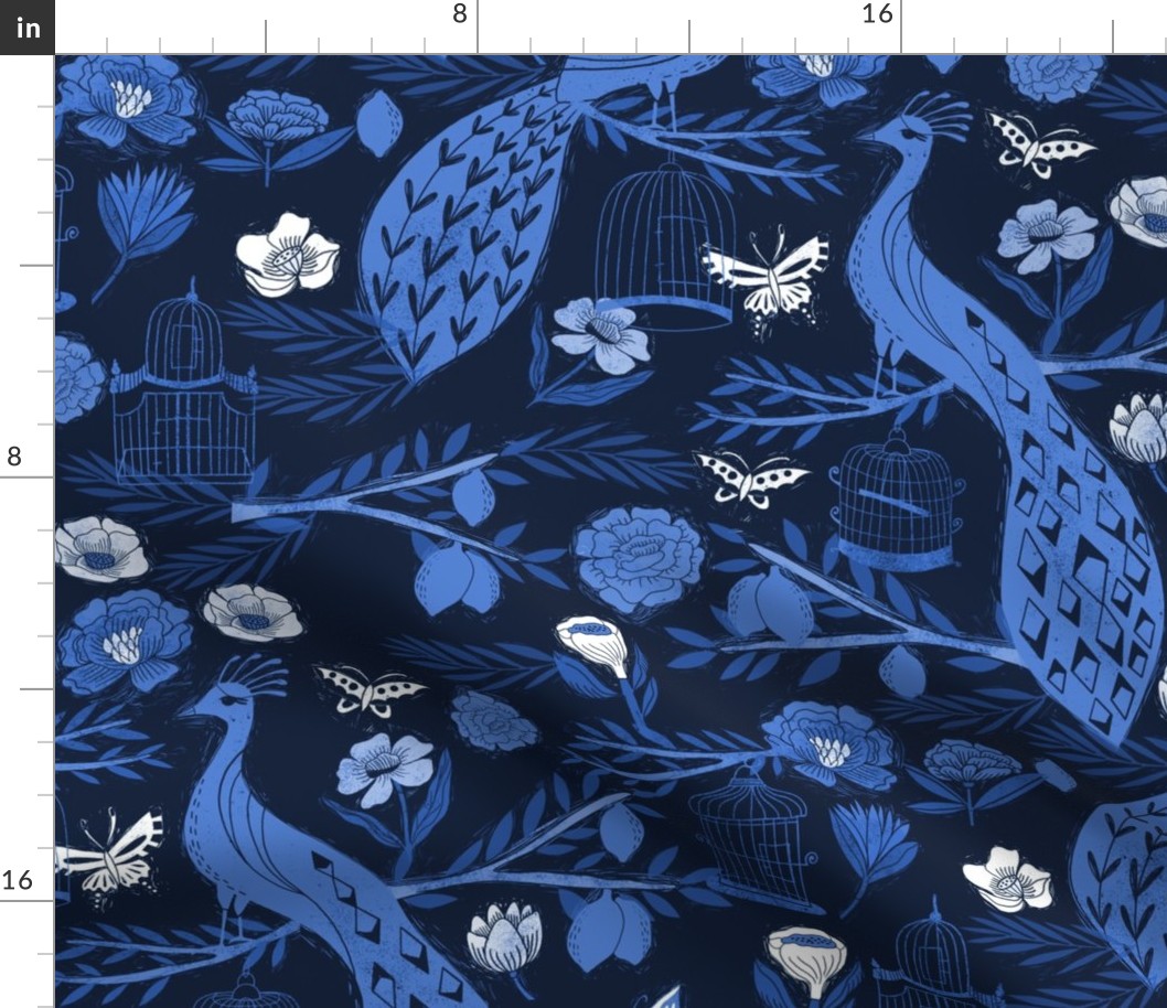 LARGE - peacock lemon tree fabric - peacock wallpaper, chinoiserie style wallpaper, linocut print, peacock floral - indigo