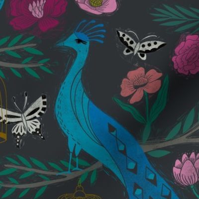 LARGE - peacock lemon tree fabric - peacock wallpaper, chinoiserie style wallpaper, linocut print, peacock floral - charcoal