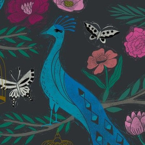 LARGE - peacock lemon tree fabric - peacock wallpaper, chinoiserie style wallpaper, linocut print, peacock floral - charcoal
