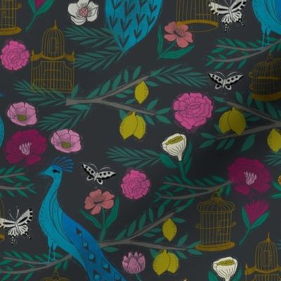peacock lemon tree fabric - peacock wallpaper, chinoiserie style wallpaper, linocut print, peacock floral - charcoal