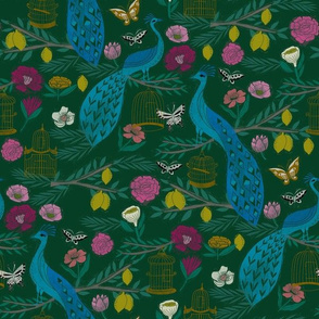 peacock lemon tree fabric - peacock wallpaper, chinoiserie style wallpaper, linocut print, peacock floral - dark green