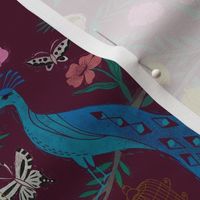 peacock lemon tree fabric - peacock wallpaper, chinoiserie style wallpaper, linocut print, peacock floral - burgundy