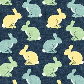 1.5" scale - Bunnies - pastel yellow, green, and blue on blue - easter - spring - C20BS