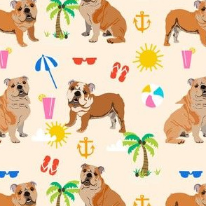 bulldog beach fabric - bulldog fabric, english bulldog, beach fabric, dog fabric- cream