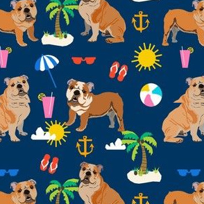 bulldog beach fabric - bulldog fabric, english bulldog, beach fabric, dog fabric- navy