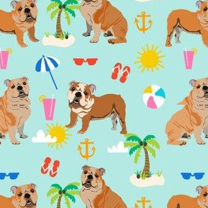 bulldog beach fabric - bulldog fabric, english bulldog, beach fabric, dog fabric- mint