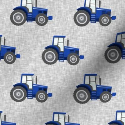 blue tractors on grey linen - farm fabrics - LAD20