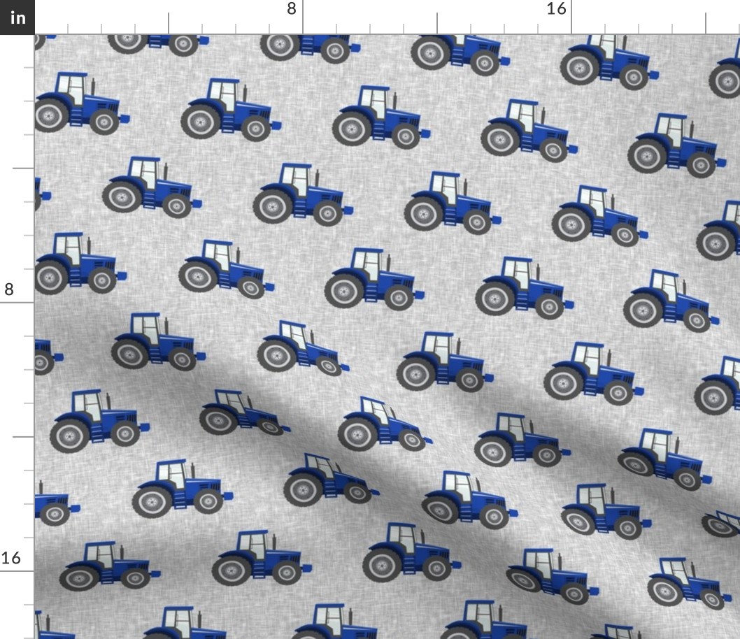 blue tractors on grey linen - farm fabrics - LAD20