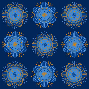 Classic Blue Flowers - Navy Orange - Design 9579604 - Faux Quilt