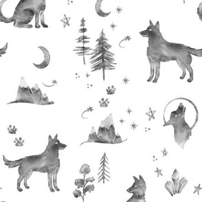 Gray Watercolor Wolves and Wilderness Mountains and Stars