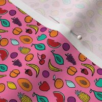 TINY - fruits fabric - summer fabric, bright tropical fruits, summer kids fabric, kids clothes fabric, cute fruit design - bright pink