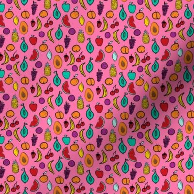 TINY - fruits fabric - summer fabric, bright tropical fruits, summer kids fabric, kids clothes fabric, cute fruit design - bright pink
