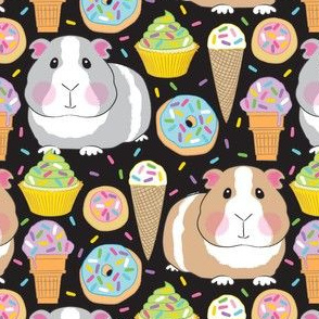 guinea pigs and sprinkle cookies, donuts, cupcakes and ice cream on black
