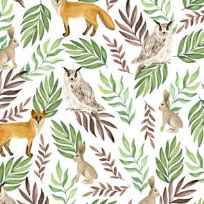 Watercolor forest. Owls, foxes, rabbits. White